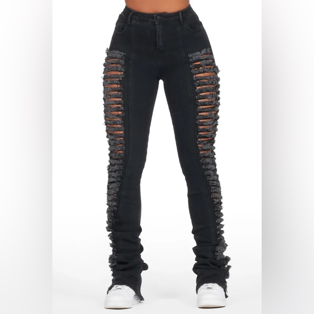 High-Rise Black Skinny Jeans with Side Ladder Distressing